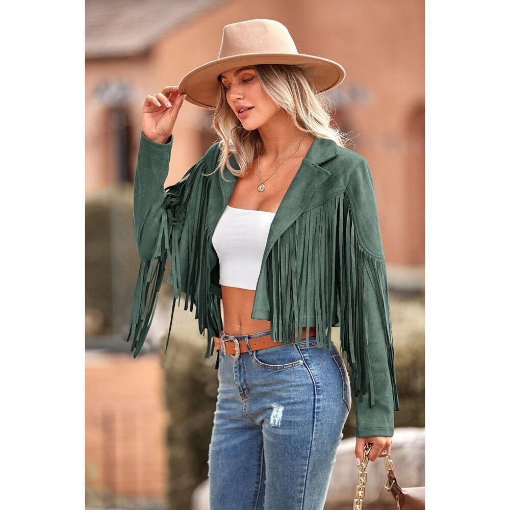 🆕Women's Green Fringe Faux Suede Leather Jacket Tassel Cropped Fal 2025 Coat - Picture 7 of 9
